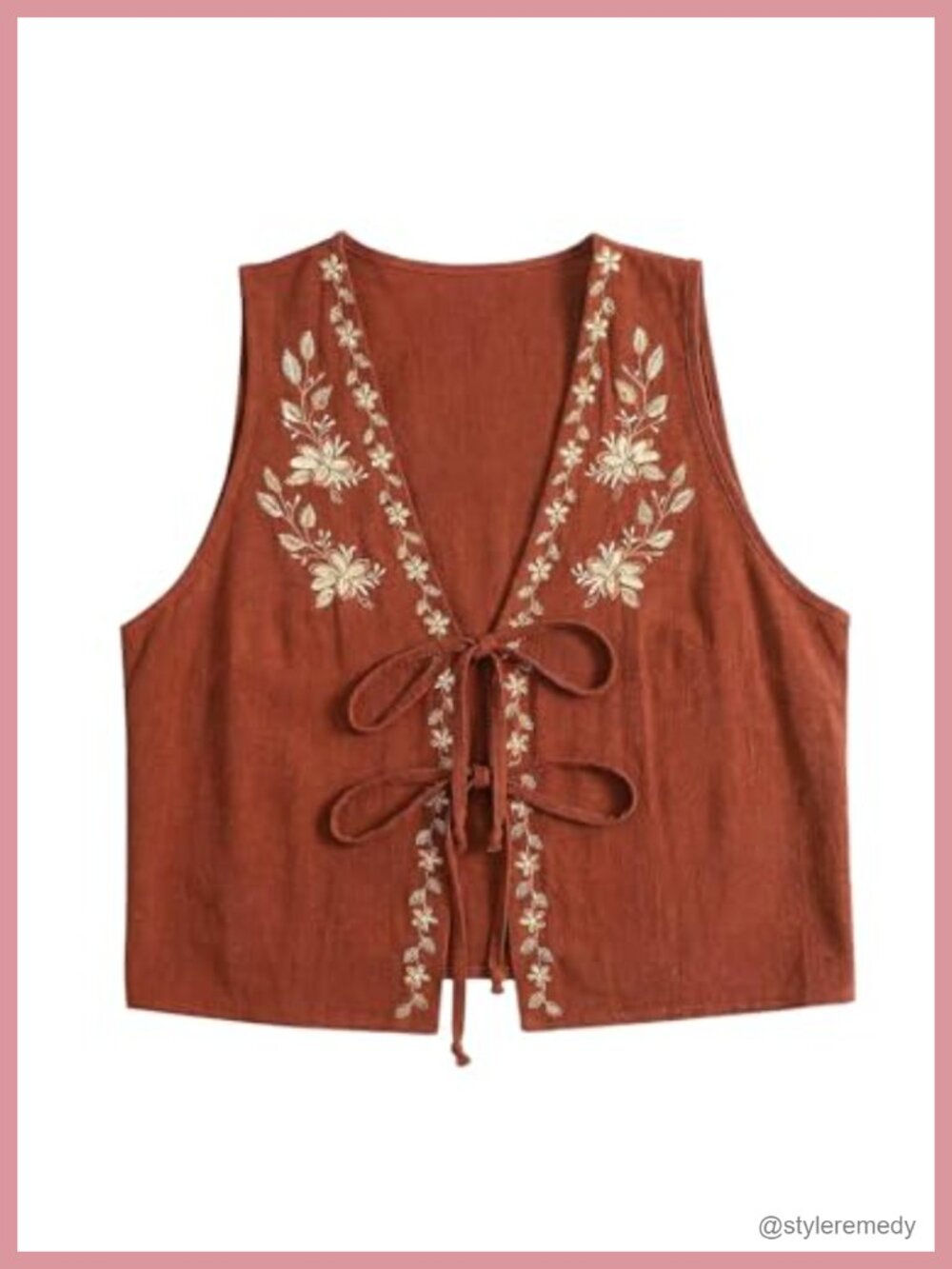 WDIRARA Women's Boho Floral Embroidery Tank Top Tie Front Sleeveless Tops